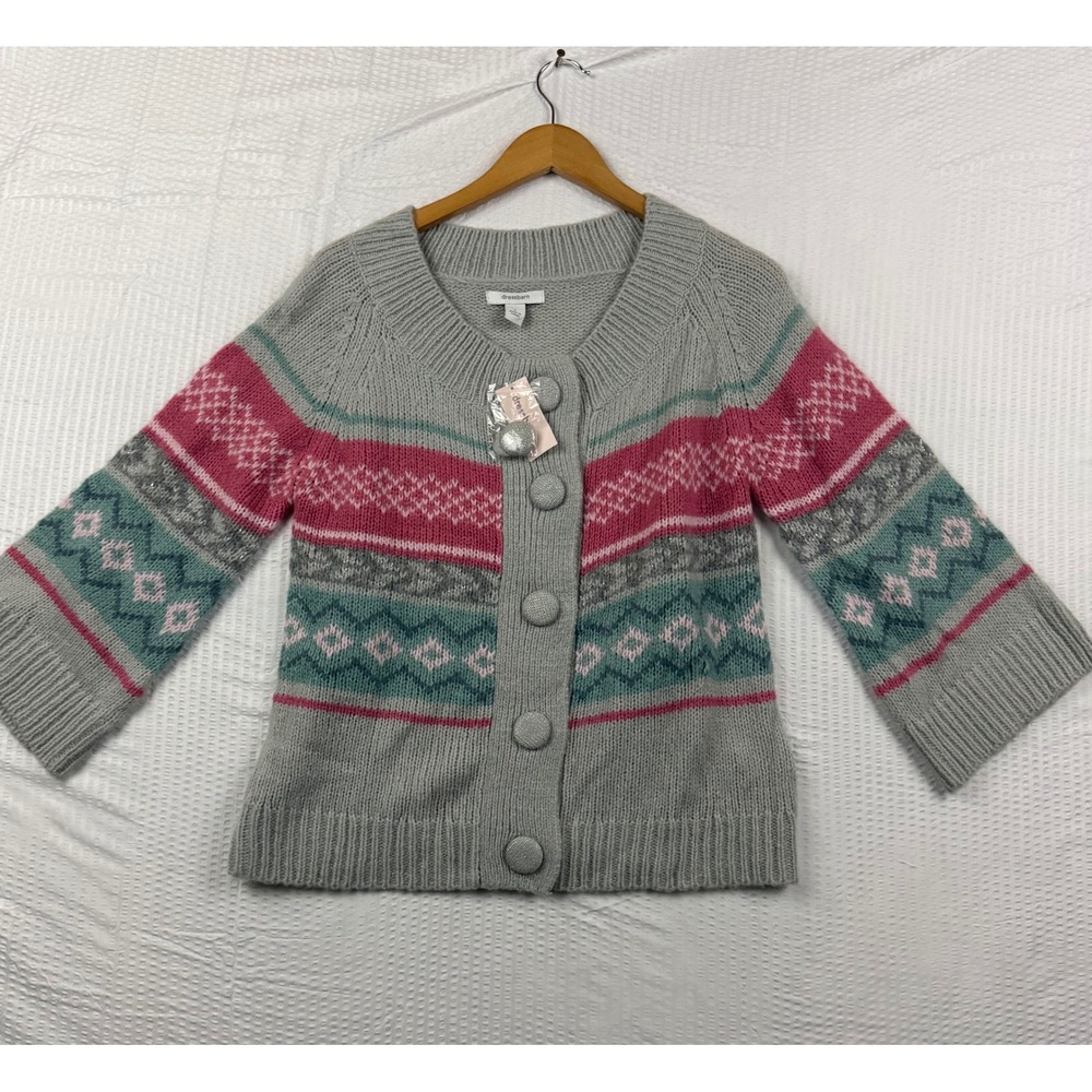Dressbarn Grey Pink Fair Isle Cardigan Sweater Metallic Accents Size L NEW